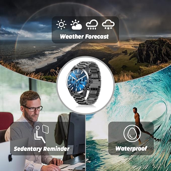 FILIEKEU Men Smart Watch for Android iOS, Bluetooth Calls Voice Chat with Heart Rate/Sleep Monitor Fitness Tracker, IP67 Waterproof Stainless Steel Activity Tracker for Men