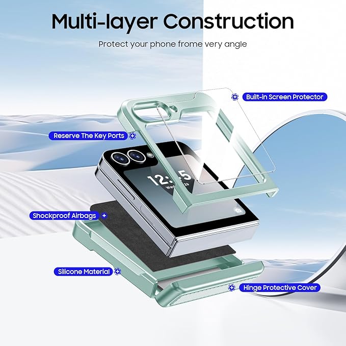 CENMASO for Samsung Galaxy Z Flip 6 Case/Z Flip 7 FE Case with Card Holder [RFID Blocking] & Hinge Protection & Screen Protector, Full-Body Shockproof Phone Case for Z Flip 6/Z Flip 7 FE-Mint Green