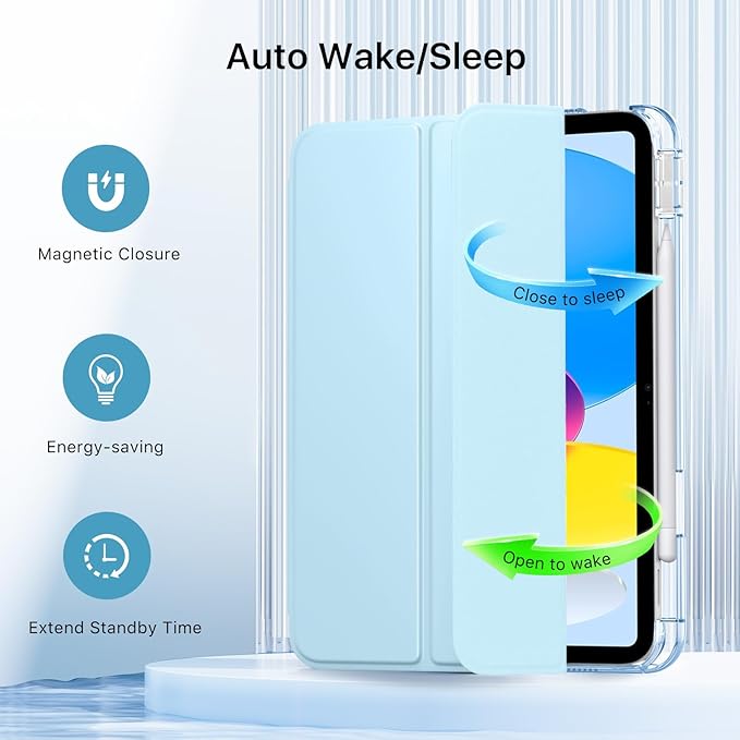 MoKo for iPad (A16) 11th Generation Case 11 Inch 2025, iPad 10th Generation Case 10.9 Inch 2022 with Pencil Holder, Slim Light Trifold Protective Cover with Hard PC Translucent Back Shell, Sky Blue