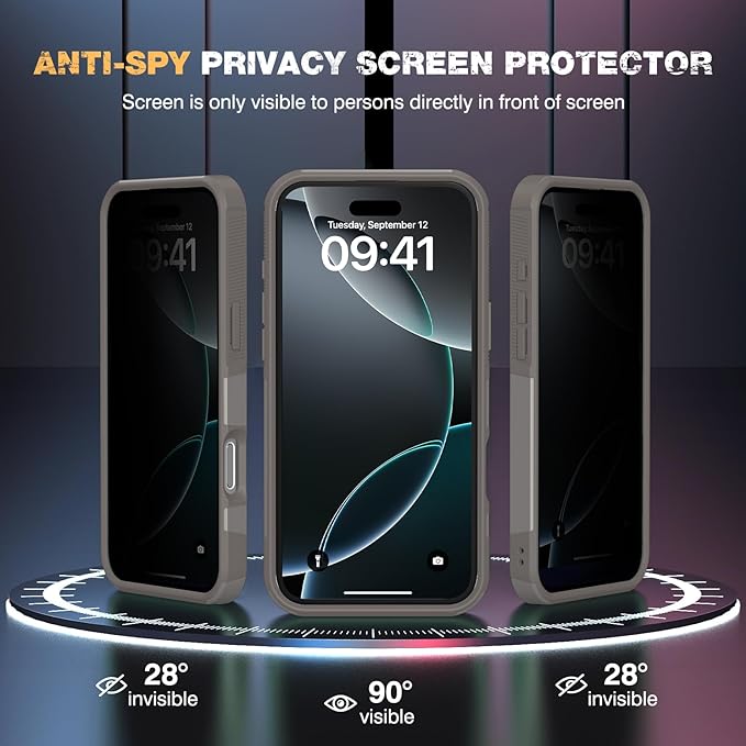 Diaclara Designed for iPhone 16 Pro Max Case, [with Privacy Screen Protector] [Anti Spy] [Military Grade Drop Protection] Heavy Duty Full-Body Shockproof Phone Case, Magnetic Grey Titanium
