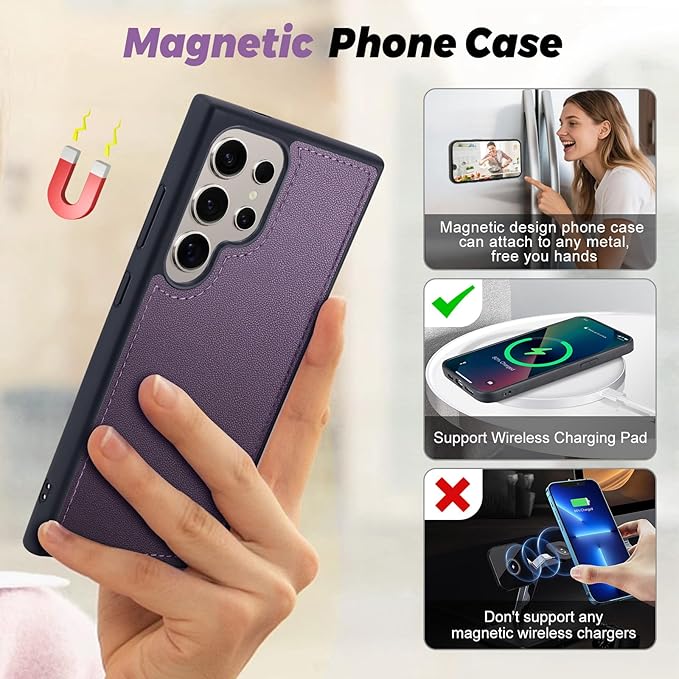 TwoHead for Samsung Galaxy S24 Ultra Wallet Case with Card Holder & Detachable Magnetic Phone Case for Galaxy S24 Ultra,PU Leather Shockproof Protective Phone Cover Wallet(6.8 in,Deep Purple)