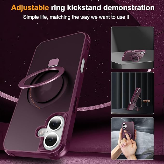 Magnetic Compatible with iPhone 16 Plus Case with Stand [Military Grade Drop Tested][Compatible with Magnet] Ring Translucent Slim Hard Back Soft Edge, Wine Red