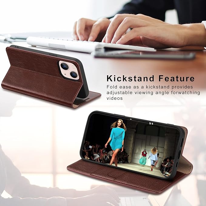 Belemay Case Compatible with iPhone 14 Wallet Case-Genuine Leather Flip Phone Case-RFID Blocking Card Holder-Shockproof TPU Shell Folio Book Cover Women Men Compatible with iPhone 14 (6.1-inch) Brown