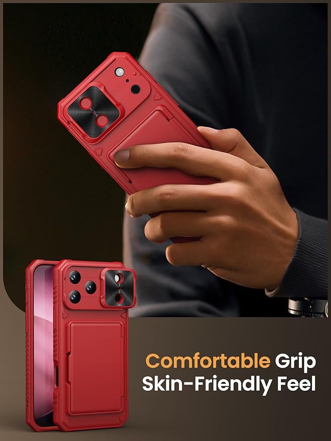 Vihibii for iPhone 17 Pro Wallet Case with Card Holder (4 Cards) [RFID Blocking] & Slide Camera Cover & Raised Edges Protect Screen, Shockproof Rugged Phone Cover Case for iPhone 17 Pro 6.3" 2025, Red