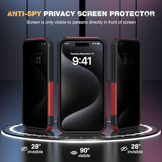 Diaclara Designed for iPhone 15 Pro Max Case, [with Privacy Screen Protector] [Anti Spy] [Military Grade Drop Protection] Heavy Duty Full-Body Shockproof Phone Case, Red