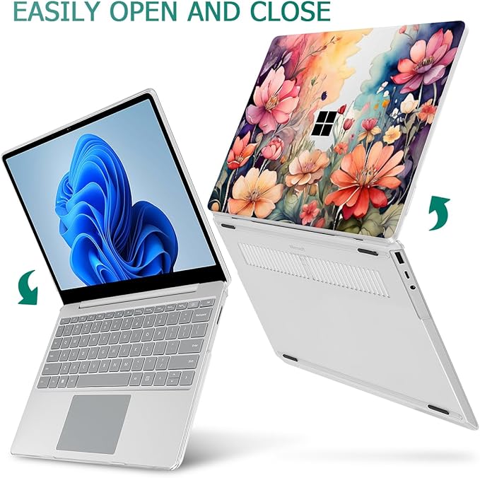 Tuiklol Case for 12.4 Inch Microsoft Surface Laptop Go 3/2 / 1 2023-2020 Releases, Plastic Hard Shell Case with Screen Protector and Keyborad Cover +Dust Plugs Model 2013/1943,Ilustration Flowers