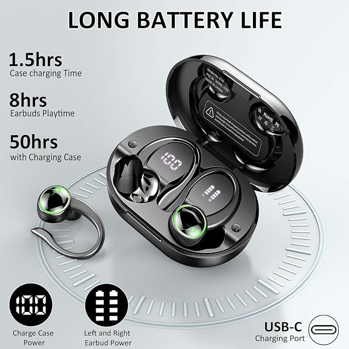Wireless Earbuds, Bluetooth 5.4 Headphones Sports, 50H Playback Over-Ear buds with ENC Noise Cancelling Mic, Deep Bass Fitness Earphones with Earhooks, IP7 Waterproof Headset for Running Workout Gym