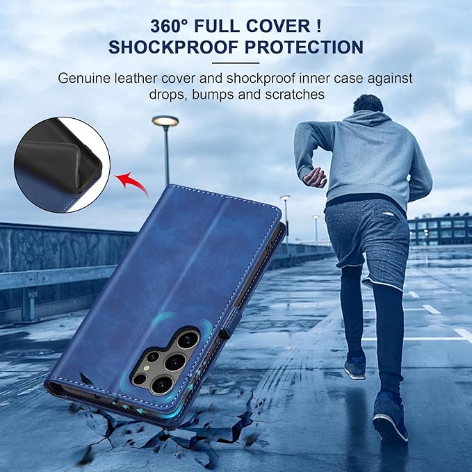 Jasonyu Flip Wallet Case for Samsung S24 Ultra 5G,Leather Magnetic Folio Cover with Card Holder,Kickstand - TPU Shockproof Durable Protective Phone Case,Blue