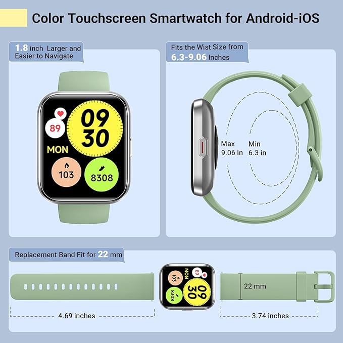 Smart Watches for Women/Men, Smart Watch for Android Phones & iPhone, Fitness Watches for Women with Alexa, Call & Notification Alerts, Tracks Heart Rate/Sleep Smartwatches (Green, 1.8 inches)