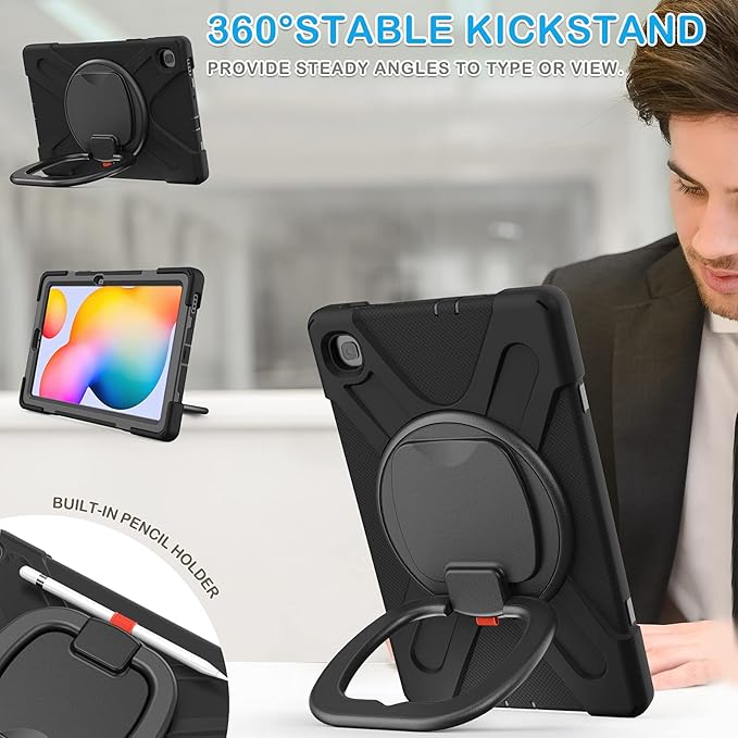 BATYUE Case for Samsung Galaxy Tab S6 Lite 10.4 Inch 2024/2022/2020 (SM-P610/SM-P613/SM-P615/SM-P619/SM-P620), Protective Case with Shoulder Strap, 360° Swivel Stand, Shockproof Drop; for Kids - Black