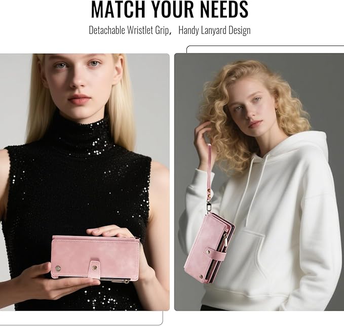 Vinich for Samsung Galaxy Z Fold 7 Wallet Case with Card Holder, Detachable Strap RFID Blocking Credit Slots Kickstand Shockproof Phone Cover for Women Men, Rose Pink