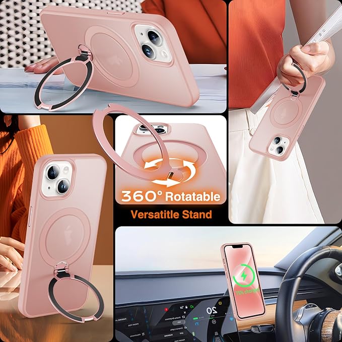 360° O-Ring MagStander for iPhone 13 Case, iPhone 14 Case with Magnetic Stand Ring Holder [Compatible with MagSafe][15FT Military Shockproof] Kickstand iPhone 13/14 Phone Cover Matte Pink