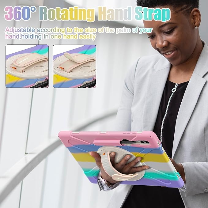 BRAECNstock Kids Case for Samsung Galaxy Tab S10 Ultra/S9 Ultra/S8 Ultra 14.6" 2024/2023/2022 Shockporoof Samsung Tablet 14.6 inch Case with Pen Holder Rotating Hand Strap & Stand - Colorful Pink