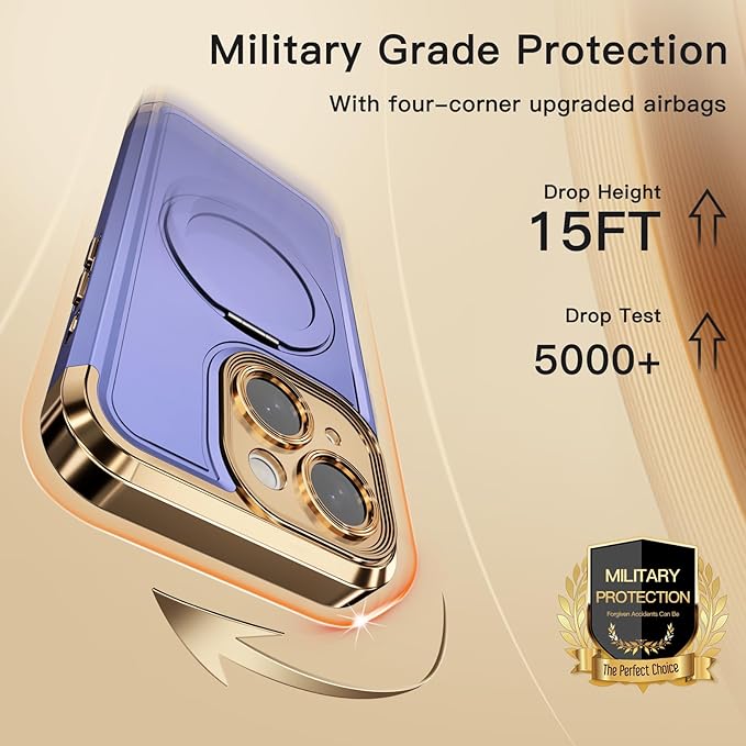 COOLQO for iPhone 15 Plus Case 6.7'' Upgraded 360° Spin Magnetic Stand [Compatible with Magsafe][Military Protection] Shockproof Protective Phone Holder Cover for iPhone 15 Plus, Purple Gold