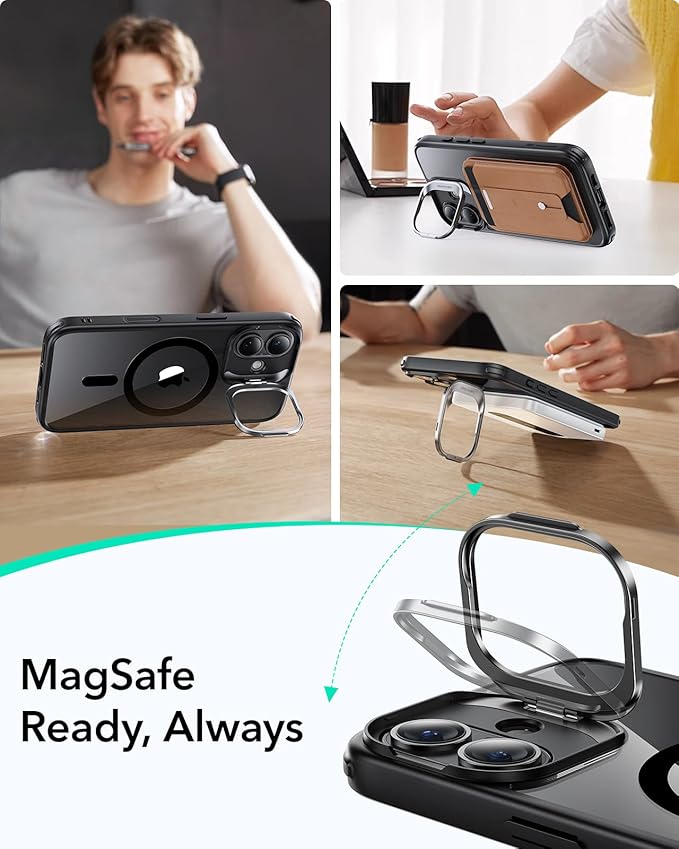 ESR for iPhone 16 Plus Case, Compatible with, Military-Grade Protective Case, Built-in Stash Stand Phone Case, Scratch-Resistant Back Cover, Classic Series, Clear Black