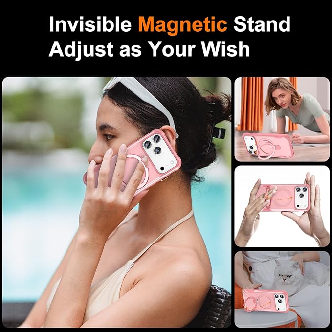 Compatible with iPhone 17 Pro Max Case with Invisible Magnetic Ring Stand [Compatible with Magnetic] [Military Drop Protection] Shockproof Slim Hard Back Soft Edge Case 6.9 Inch, Pink