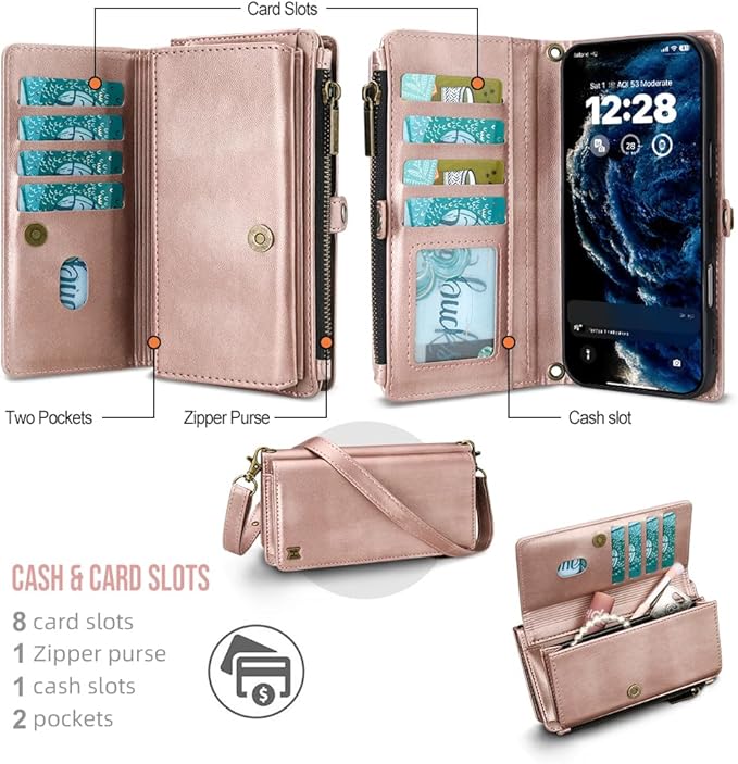 for iPhone 17 Pro Max Wallet Phone Case with 8 Card Holder,RFID Blocking | PU Leather | Kickstand | Flip | Wrist Strap&Shoulder Strap | Shockproof | Zipper Wallet | Women Men | 6.9" | Rose Gold