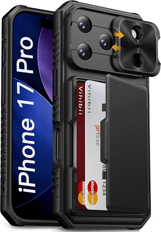 Vihibii for iPhone 17 Pro Case Wallet with Card Holder (4 Cards) [RFID Blocking] & Slide Camera Cover, Military Grade Drop Protection, Rugged Hard Back & Silicone Edge Phone Case 6.3" 5G 2025, Black