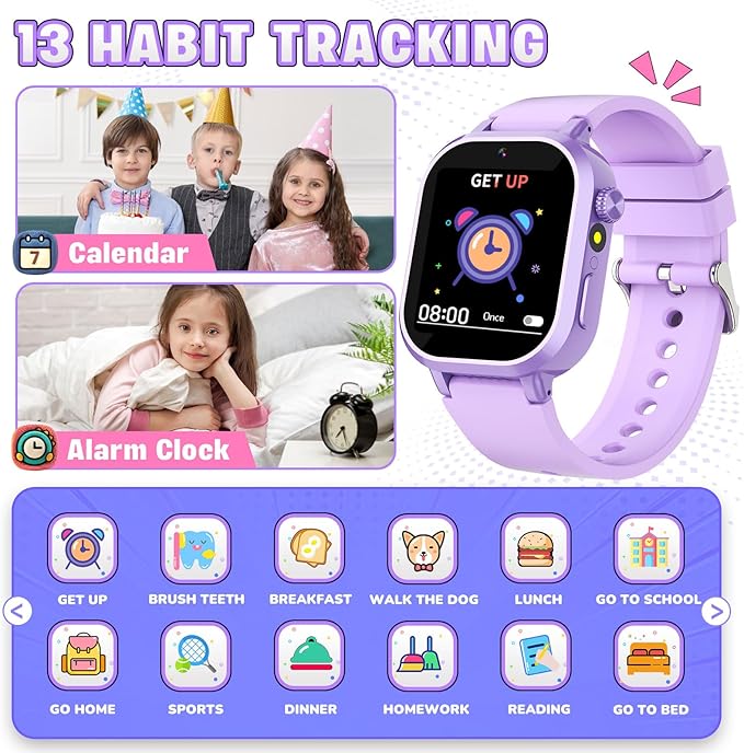 Vakzovy Kids Waterproof Smart Watch Girls Gift Age 3-12 with 39 Game HD Touch Screen Video Camera Music Player Pedometer Alarm Clock Birthday Gift for 6 7 8 9 Year Olds Purple