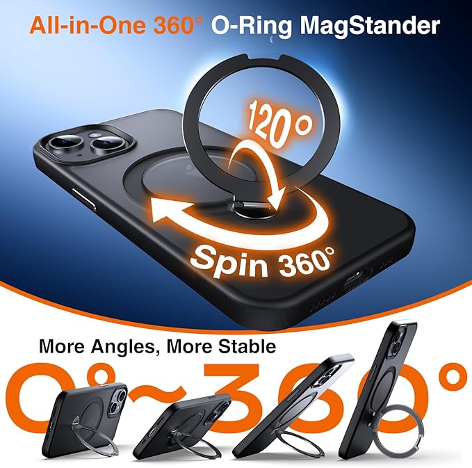 360° O-Ring MagStander for iPhone 13 Case, iPhone 14 Case with Magnetic Stand Ring Holder [Compatible with MagSafe][15FT Military Shockproof] Kickstand iPhone 13/14 Phone Cover Matte Black