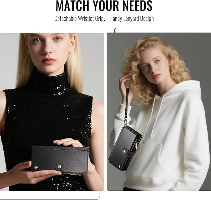 Vinich for Samsung Galaxy Z Fold 7 Wallet Case with Card Holder, Detachable Strap RFID Blocking Credit Slots Kickstand Shockproof Phone Cover for Women Men, Black