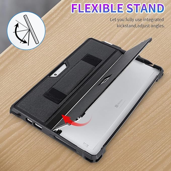 Case for 12.3" Microsoft Surface Pro 7+/7/6/5/4/LTE Protective Rugged Cover Case, with Stylus Pen Holder and Hand Strap, Compatible with Type Cover Keyboard, Black