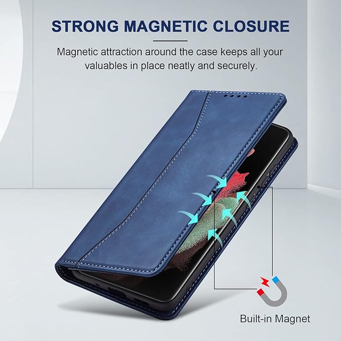 Jasonyu Flip Wallet Case for Samsung Galaxy S21 Ultra 5G,Leather Magnetic Folio Cover with Card Holder,Kickstand - TPU Shockproof Durable Protective Phone Case,Blue