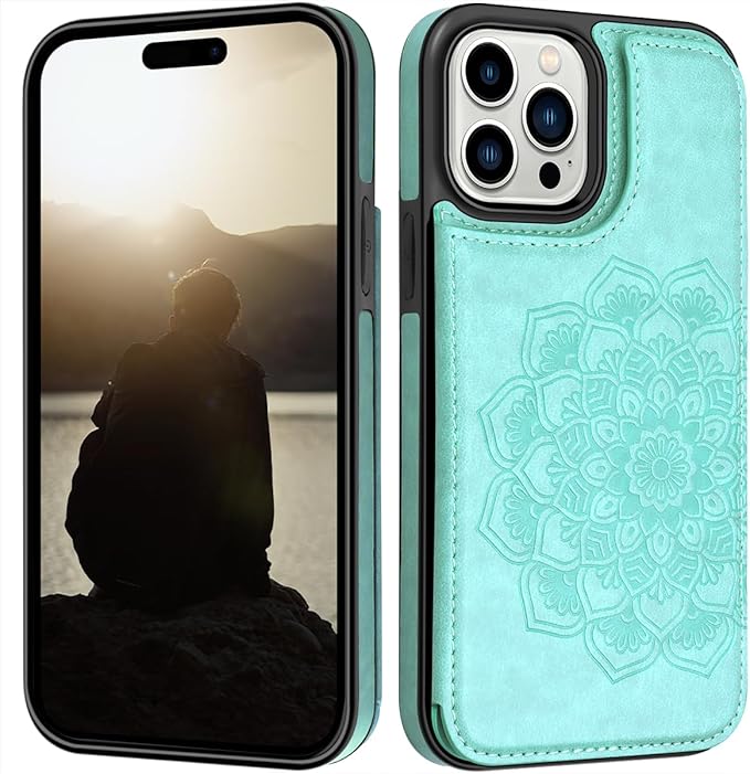 MMHUO for iPhone 15 Pro Case with Card Holder,Flower Magnetic Buttons Protective Wallet Case for Women for iPhone 15 Pro,Mint