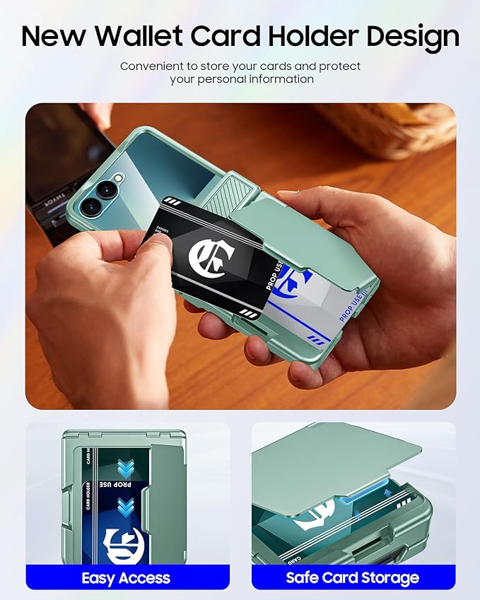 CENMASO for Samsung Galaxy Z Flip 7 Case with Card Holder [RFID Blocking] & Hinge Protection & HD Screen Protector, Rugged Anti-Scratch Full-Body Shockproof Phone Case for Z Flip 7-Mint Green