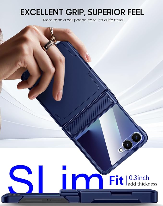 CENMASO for Samsung Galaxy Z Flip 7 Case with Card Holder [RFID Blocking] & Hinge Protection & HD Screen Protector, Rugged Anti-Scratch Full-Body Shockproof Phone Case for Z Flip 7-Blue