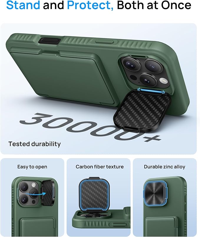 for iPhone 16 Pro Case with Card Holder & Camera Cover & Adjustable Kickstand, Military Grade Drop Tested Soft Silicone Edge Rugged Protective Wallet Phone Case for iPhone 16 Pro, Green