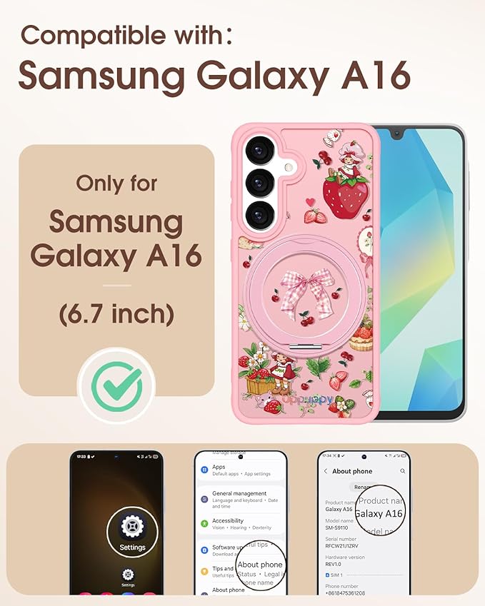 for Samsung Galaxy A16 4G/5G Case with 360° Rotatable Magnetic Ring - Semi-Transparent Anti-Fingerprint Soft-Touch Material Shockproof, Cute Pink Strawberry Design for Women Girl