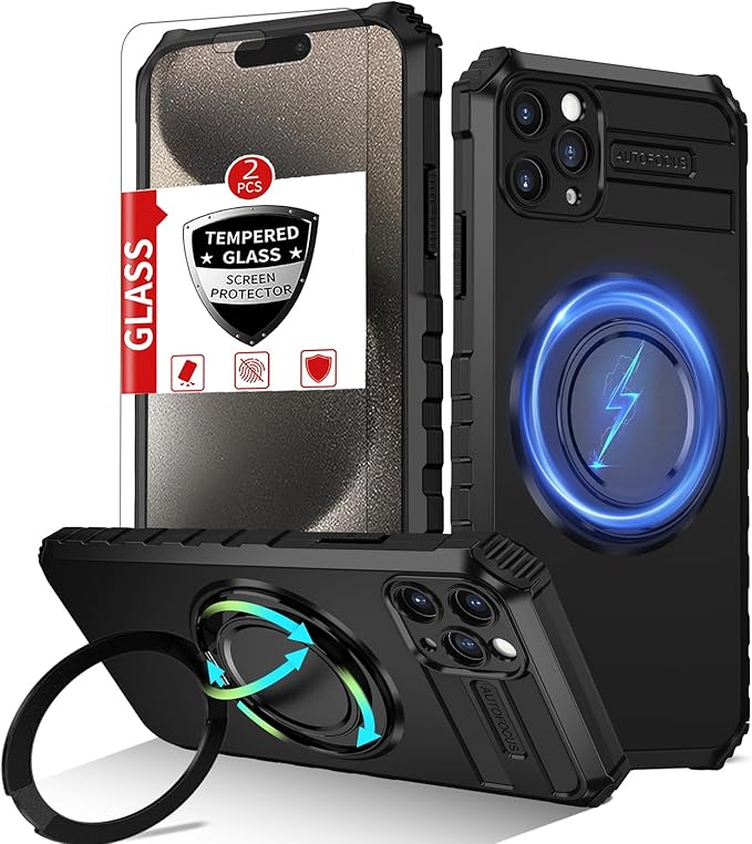 Magnetic for iPhone 15 Pro Case Compatible with MagSafe Wireless Charging,15Pro Phone Case with 2Screen Protector,with Kickstand Ring Military Grade Drop Shockproof Heavy Duty Protection Black