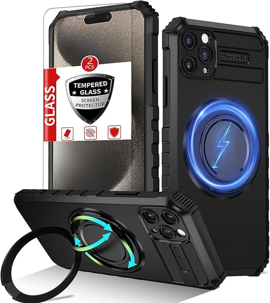 Magnetic for iPhone 15 Pro Case Compatible with MagSafe Wireless Charging,15Pro Phone Case with 2Screen Protector,with Kickstand Ring Military Grade Drop Shockproof Heavy Duty Protection Black