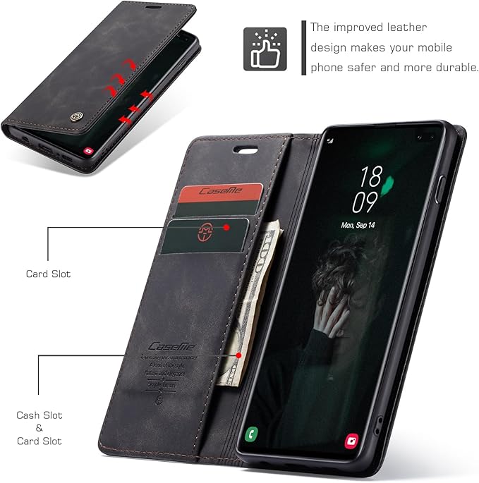 for Samsung Galaxy S10 Plus Case, Flip Wallet Leather Case with Card Holder Magnetic Closure Shockproof Kickstand Protective Phone Cases Cover for Samsung S10 Plus,Black