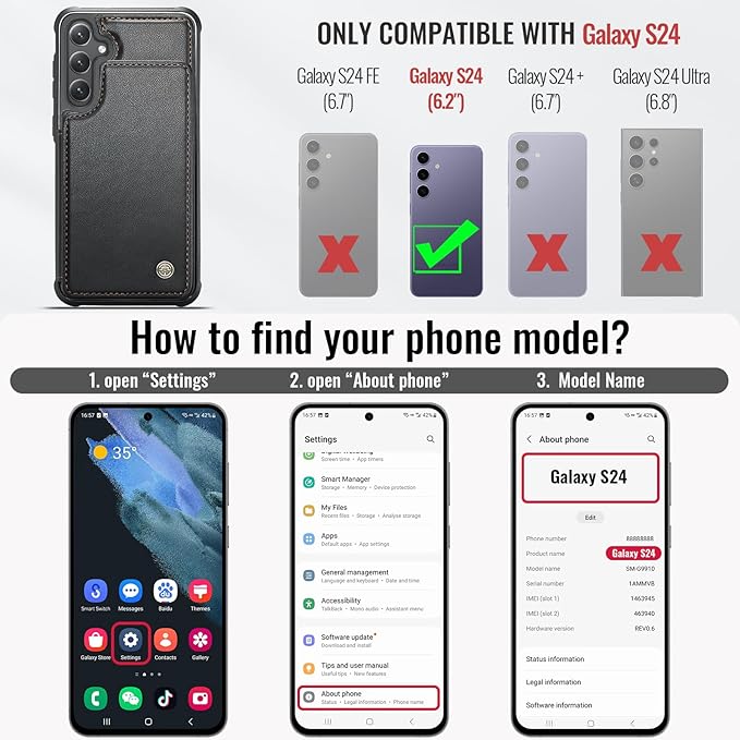 Vinich for Samsung Galaxy S24 Wallet Case with Card Holder, RFID Blocking Credit Slots Kickstand Shockproof Phone Cover for Women Men, Black