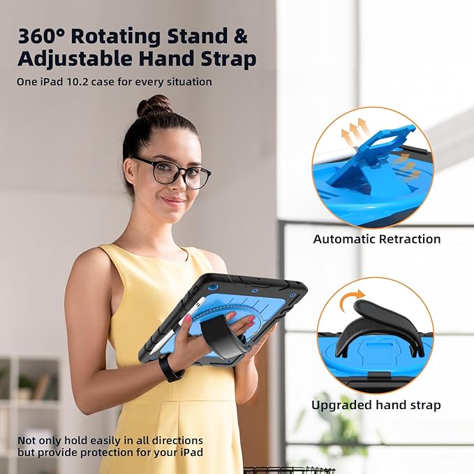 Case for iPad 9th/8th/7th Generation-Built-in Screen Protector,with Pencil Holder&360°Rotating Hand Strap,Shoulder Strap,Case for iPad 10.2 inch 2021-2019(Black/Sky Blue)