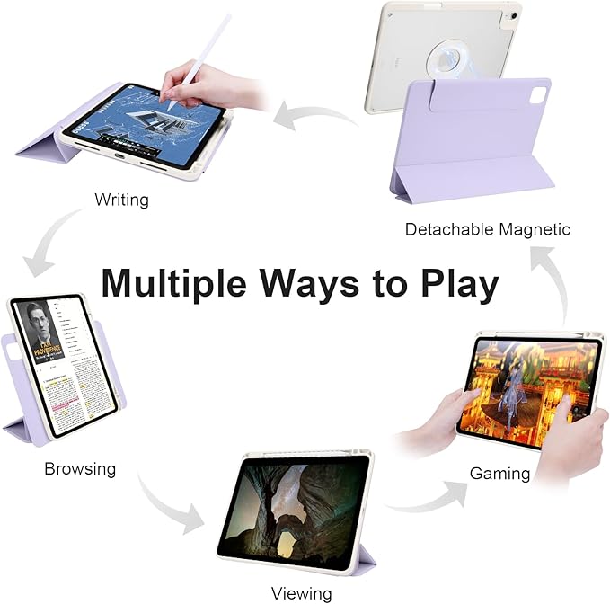 Case for iPad Air 13 Inch M3/M2 2025/2024, iPad Pro 12.9 Inch 6th/5th Generation 2022/2021 with Pencil Holder, Vertical Stand, Detachable Magnetic Trifold Stand Case,Auto Wake/Sleep,Lilac+White