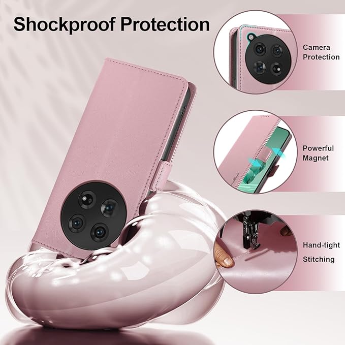 Wallet Flip Case for OnePlus 12 5G - [RFID Blocking] Luxury PU Leather Card Holder Magnetic Phone Cover with Kickstand,Shockproof Protective Case,Pink