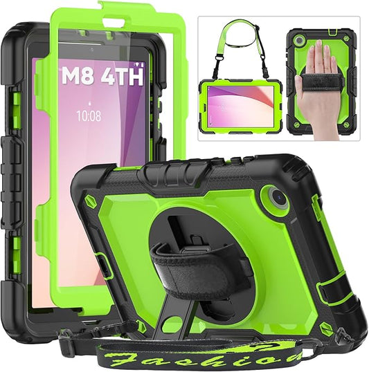 HXCASEAC Case for Lenovo Tab M8 4th Gen 2024/2023 (TB-301FU, TB-300FU), with Screen Protector/Rotating Hand Strap/Sturdy Stand, Protective HD Cover for Lenovo M8 Tablet Case 8 inch, Green