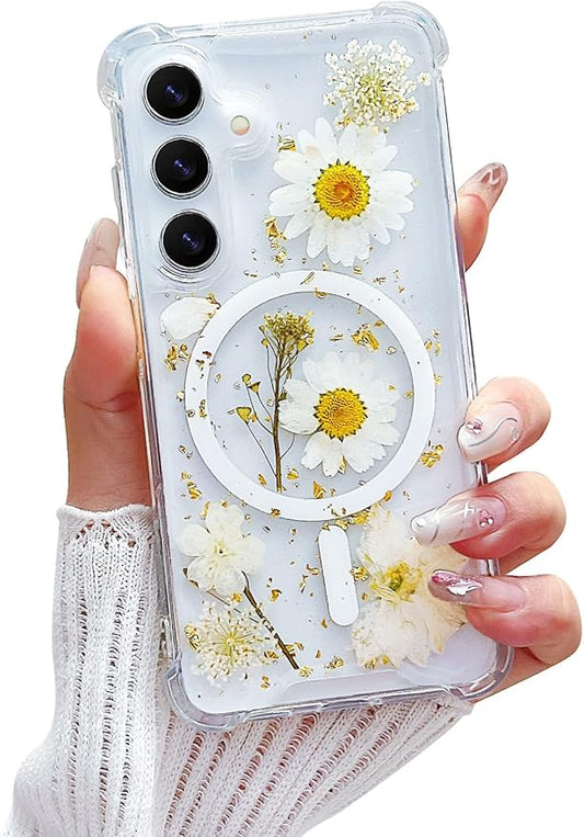 Compatible with Samsung Galaxy S25 Case,Compatible with MagSafe,Cute Pressed Dried Flowers Design Women Girly Shockproof Floral Clear Magnetic Case for Galaxy S25 (White)