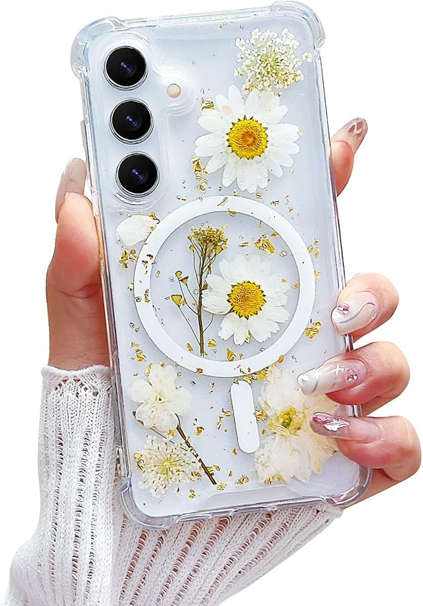 Compatible with Samsung Galaxy S23 Plus Case,Compatible with MagSafe,Cute Pressed Dried Flowers Design Women Girly Shockproof Floral Clear Magnetic Case for Galaxy S23 Plus (White)