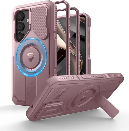 Dexnor for Samsung Galaxy S25 Case with Camera Cover & Adjustable Kickstand & Built-in Screen Protector, Magnetic Rugged Shockproof Bumper Cases Heavy-Duty Magnetic Protective Cover (2025),Peony Pink