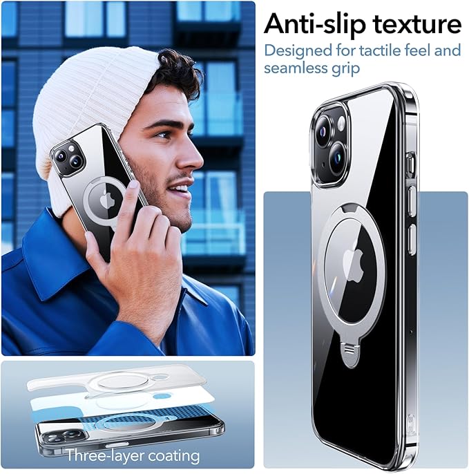 Anqrp 360° All-in-ONE Crystal Clear Case for iPhone 15 with Rotatable Magnetic Stand, Compatible with MagSafe, Anti-Yellowing Transparent MIL-Grade Shockproof Phone Case Cover for iPhone 15