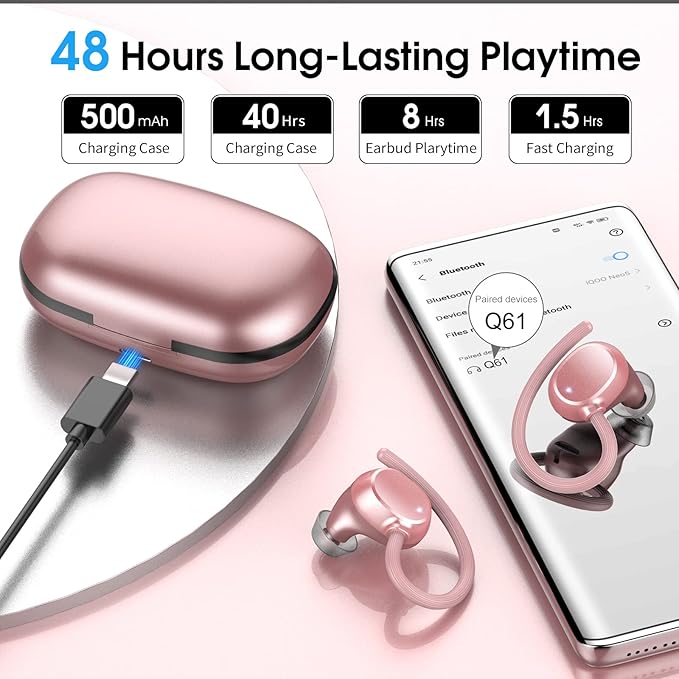 Wireless Earbuds, HiFi Stereo Sport Bluetooth 5.3 Headphones with Earhooks, 48H Deep Bass Headphones with LED Display, Noise Cancelling, IP7 Waterproof Earphones Built-in Mic for Running