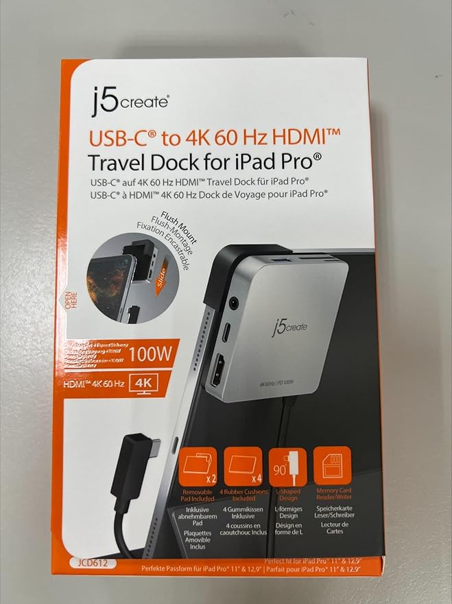 j5create iPad Pro USB C Hub- 6-in-1 Travel Dock for iPad Pro 12.9”/11”, with 4K@60Hz HDMI, USB C PD Charging 100W & Data, USB A 3.1, SD and microSD Card Reader, 3.5mm Headphone Jack (JCD612)