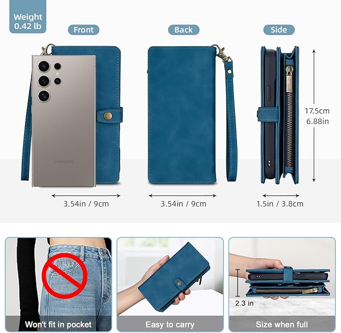 TwoHead for Samsung Galaxy S24 Ultra Wallet Case with Card Holder & Detachable Magnetic Phone Case for Galaxy S24 Ultra,PU Leather Shockproof Protective Phone Cover Wallet(6.8 in,Navy Blue)