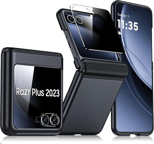 for Motorola Razr Plus Case, Built-in Privacy Screen Protector & Hinge Protection & Ultra Thin Matte PC Shockproof Phone Cover Smartphone Case for Moto Razr Plus 2023 (Black)