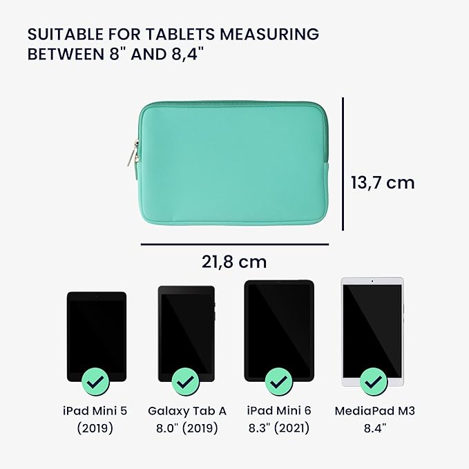 kwmobile Neoprene Pouch Compatible with 8"-8,4" Tablet - Universal Sleeve Case Cover with Zipper for Tablet - Mint