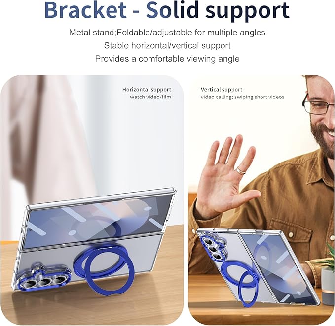 for Samsung Galaxy Z Fold 7 Case with Magnetic Ring Holder, 360 Rotating Bracket, Built-in Front Screen Len Protector, Anti-Yellowing & Anti-Fingerprint Crystal Clear Case.(Blue)